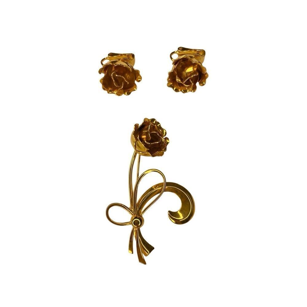 Vintage Gold Tone Rose Brooch Clip On Earrings Set Floral Bouquet Jewelry Gift
